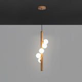 Scandinavian Vertical Wood Column Pendant Light with White Glass Orbs for Modern Home Decor