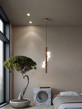 Scandinavian Vertical Wood Column Pendant Light with White Glass Orbs for Modern Home Decor