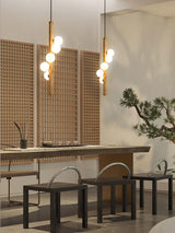 Scandinavian Vertical Wood Column Pendant Light with White Glass Orbs for Modern Home Decor