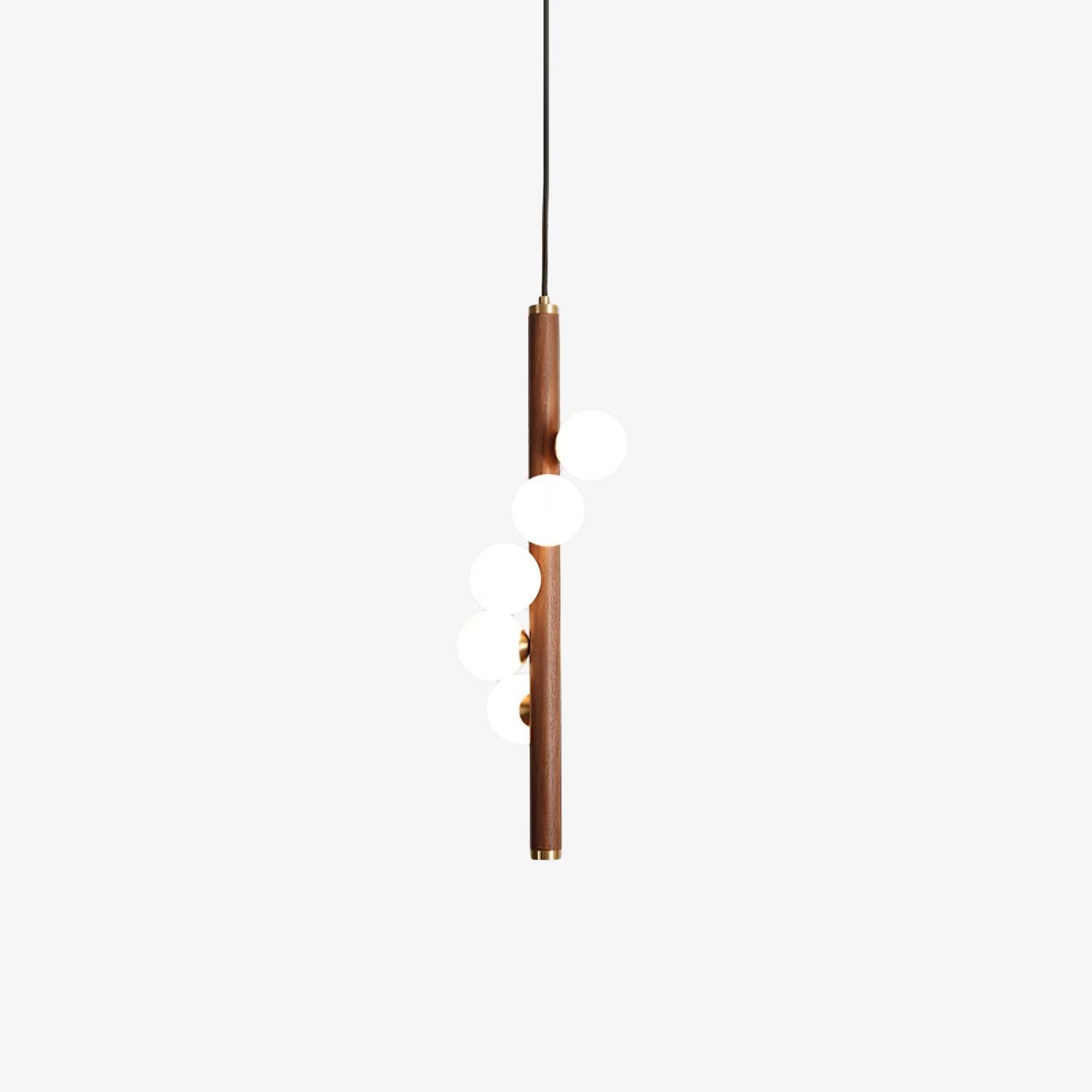 Scandinavian Vertical Wood Column Pendant Light with White Glass Orbs for Modern Home Decor