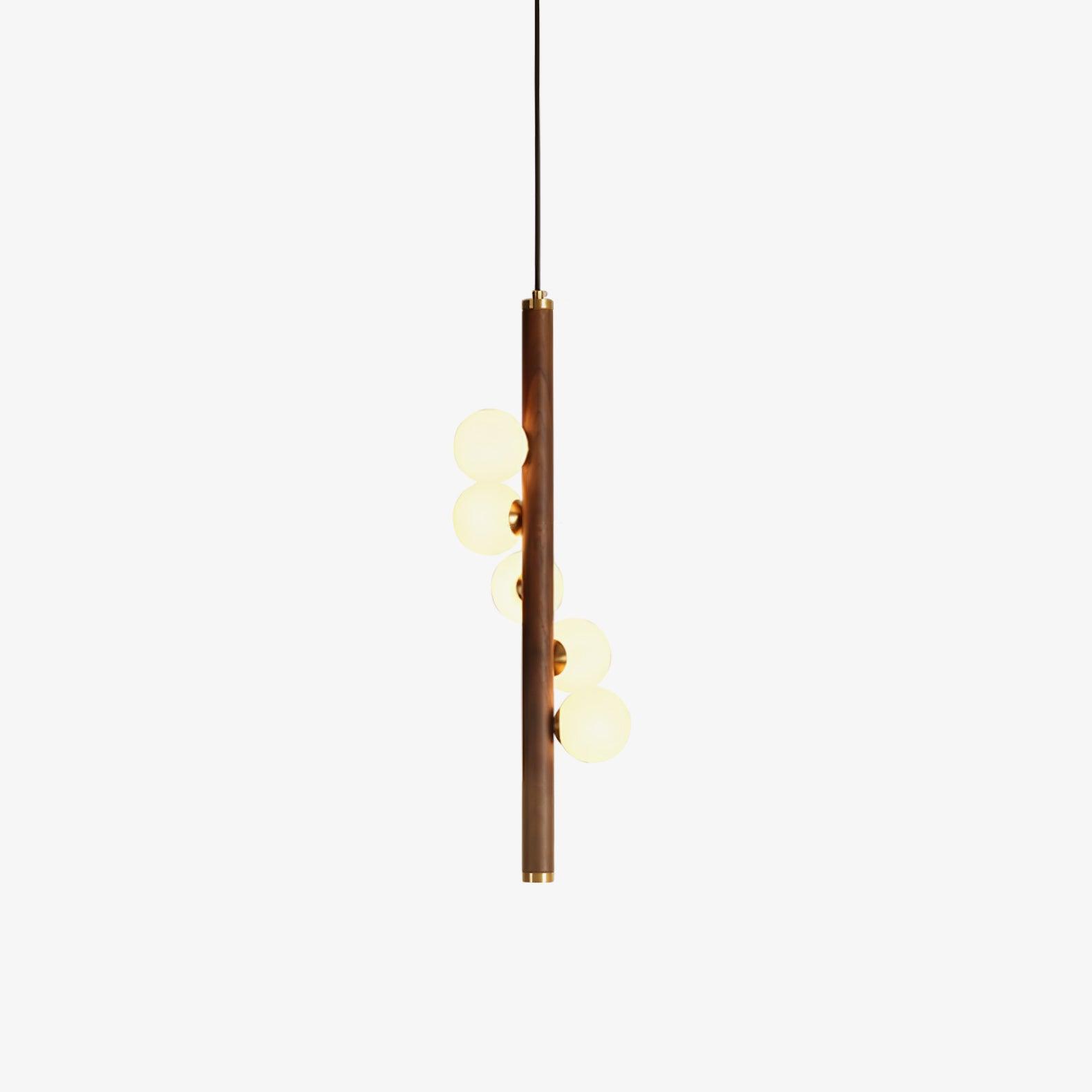 Scandinavian Vertical Wood Column Pendant Light with White Glass Orbs for Modern Home Decor
