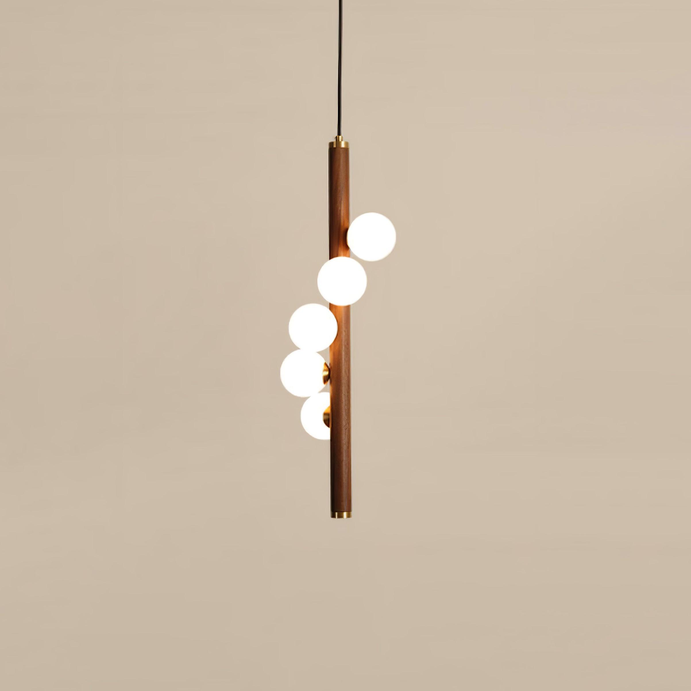 Scandinavian Vertical Wood Column Pendant Light with White Glass Orbs for Modern Home Decor