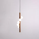 Scandinavian Vertical Wood Column Pendant Light with White Glass Orbs for Modern Home Decor