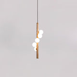 Scandinavian Vertical Wood Column Pendant Light with White Glass Orbs for Modern Home Decor