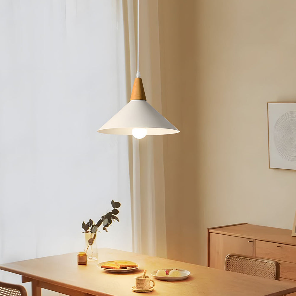 Scandinavian White Cone Hanging Light with Solid Wood Top for Dining Room