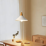 Scandinavian White Cone Hanging Light with Solid Wood Top for Dining Room