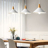 Scandinavian White Cone Hanging Light with Solid Wood Top for Dining Room