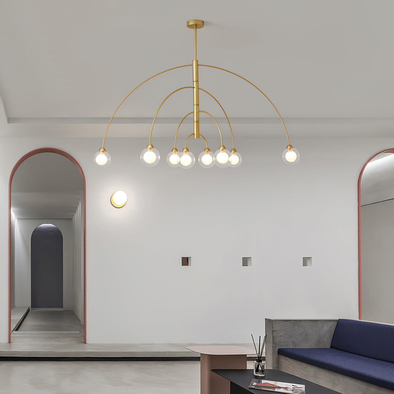 Sculptural Modern Glass Globe Chandelier with Curved Arms Mid Century Sputnik Ceiling Light