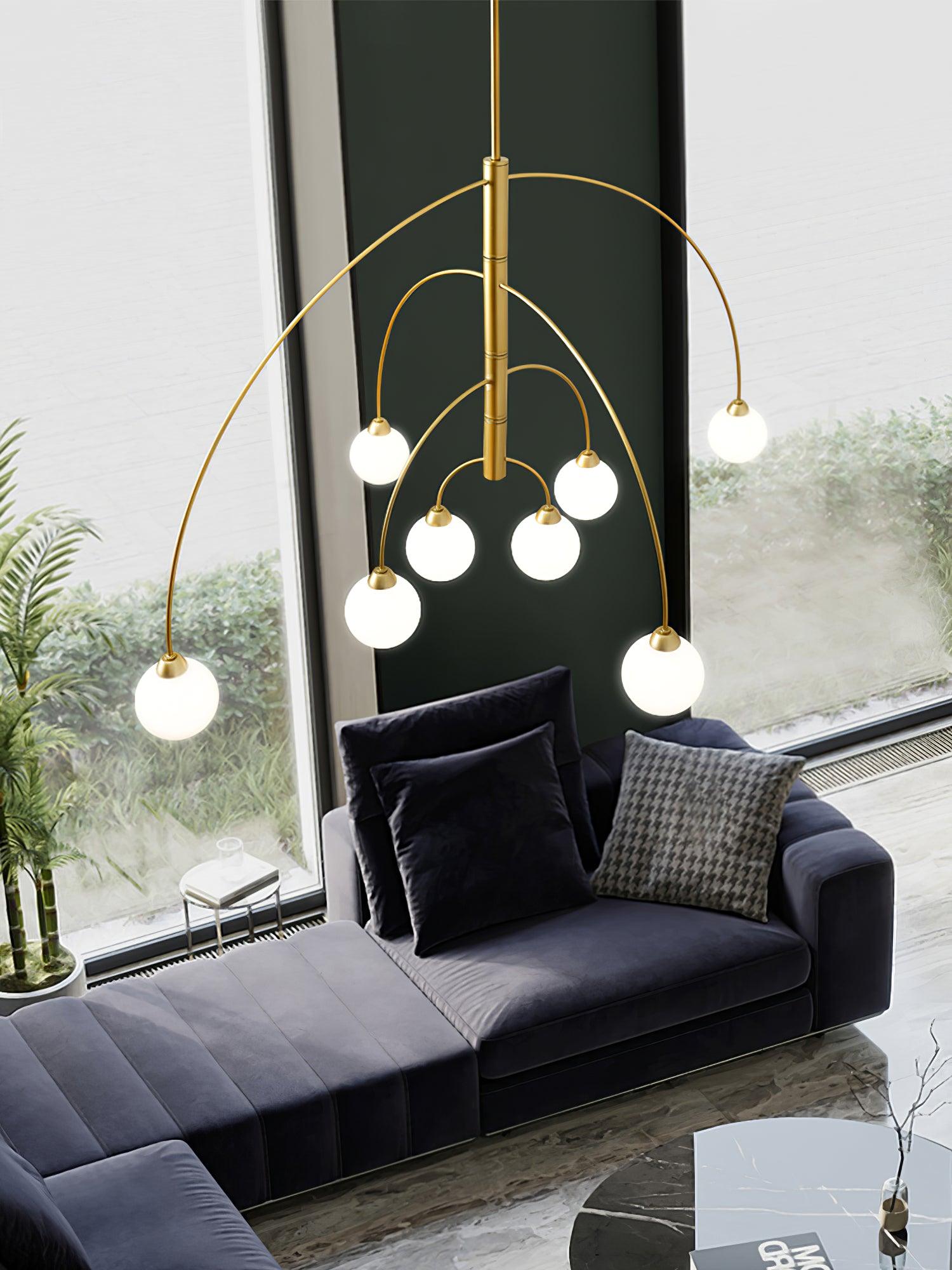 Sculptural Modern Glass Globe Chandelier with Curved Arms Mid Century Sputnik Ceiling Light