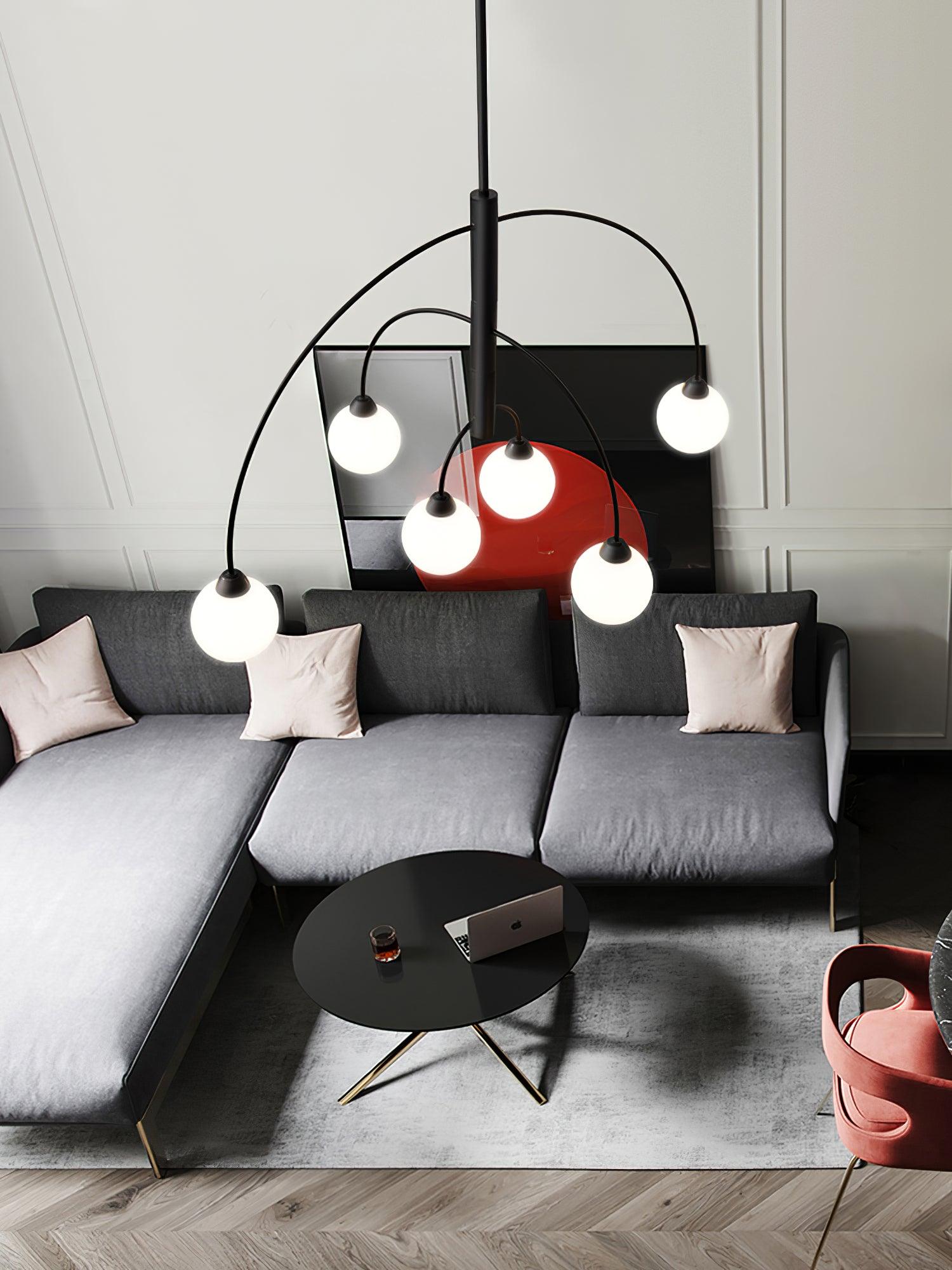 Sculptural Modern Glass Globe Chandelier with Curved Arms Mid Century Sputnik Ceiling Light