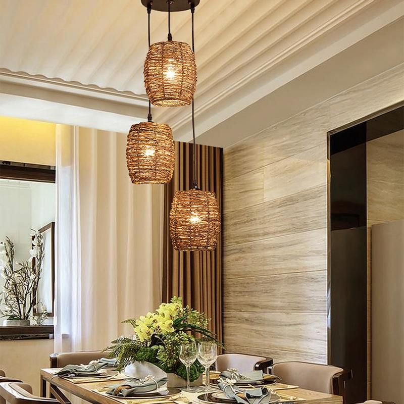 Set of 3 Natural Burlywood Wicker Pendant Lights for Indoor and Outdoor Living Spaces