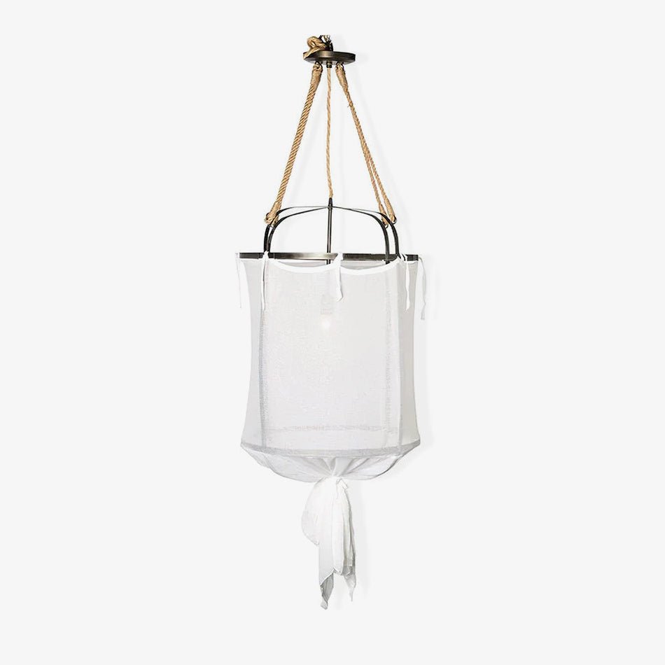 Sheer Belgian Linen Barrel Pendant Light with Antiqued Iron and Rustic Hemp Rope Suspension