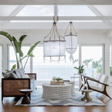 Sheer Belgian Linen Barrel Pendant Light with Antiqued Iron and Rustic Hemp Rope Suspension