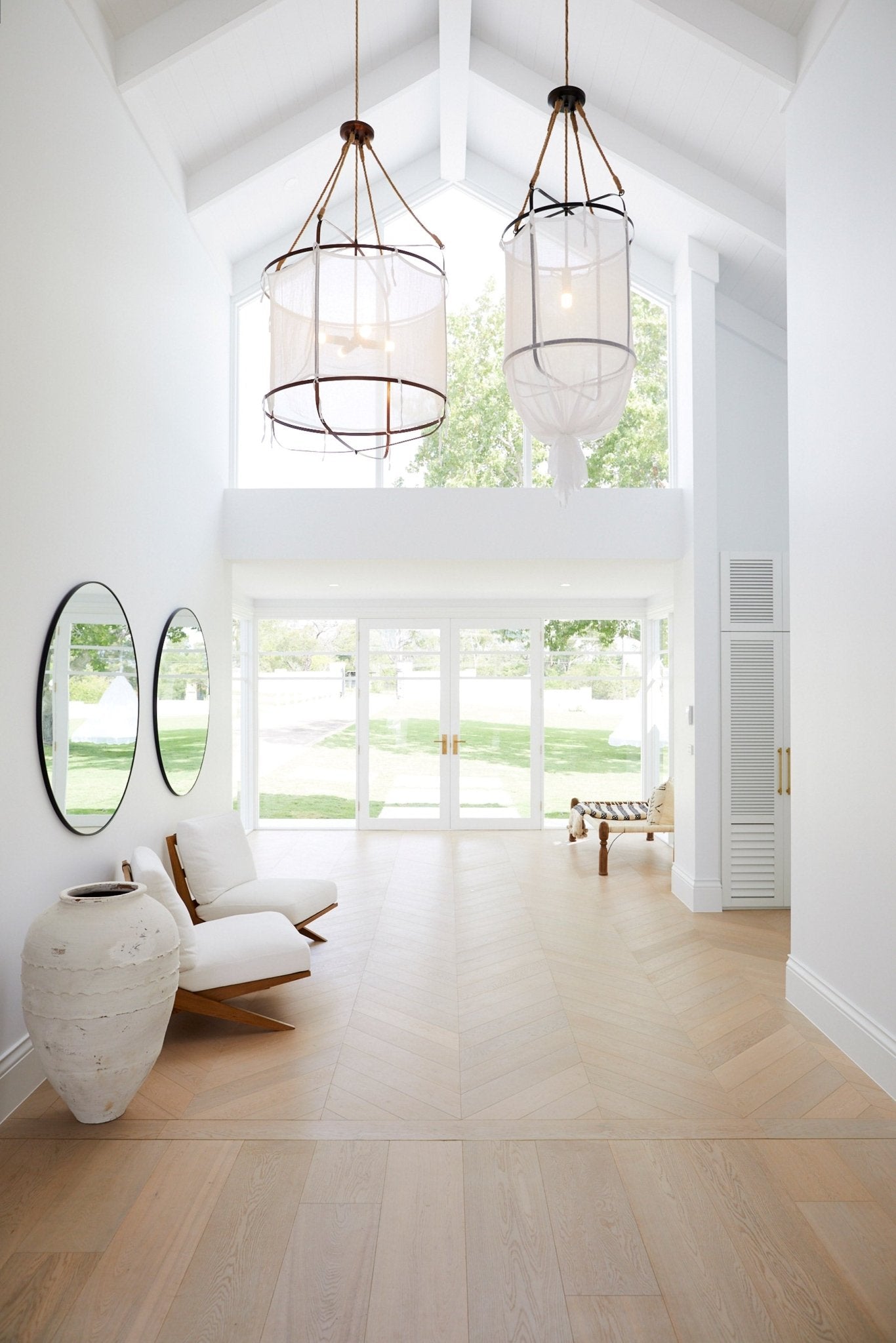 Sheer Belgian Linen Barrel Pendant Light with Antiqued Iron and Rustic Hemp Rope Suspension