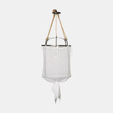 Sheer Belgian Linen Barrel Pendant Light with Antiqued Iron and Rustic Hemp Rope Suspension