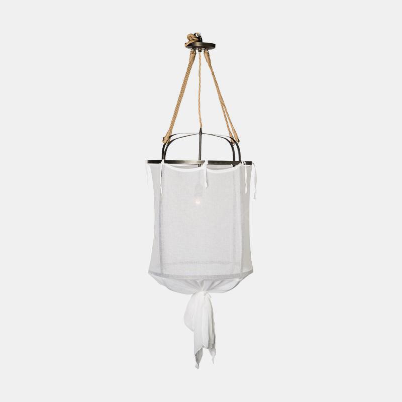 Sheer Belgian Linen Barrel Pendant Light with Antiqued Iron and Rustic Hemp Rope Suspension