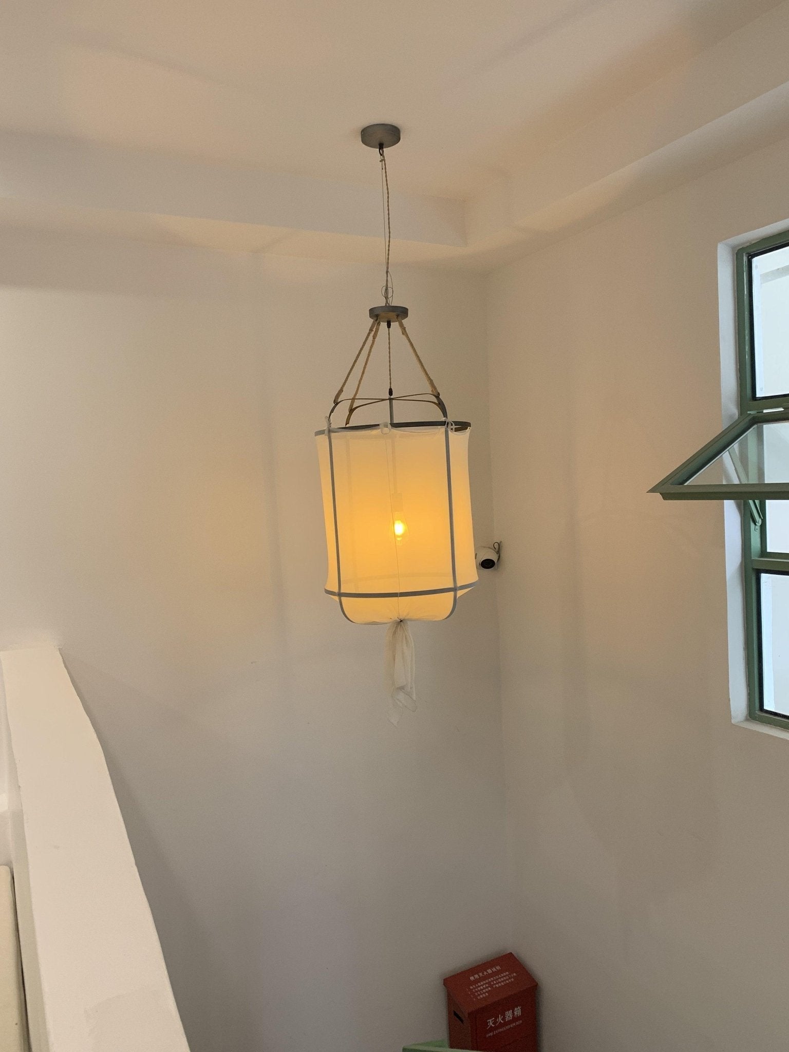 Sheer Belgian Linen Barrel Pendant Light with Antiqued Iron and Rustic Hemp Rope Suspension