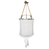 Sheer Belgian Linen Barrel Pendant Light with Antiqued Iron and Rustic Hemp Rope Suspension