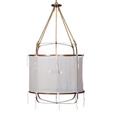 Sheer Belgian Linen Barrel Pendant Light with Antiqued Iron and Rustic Hemp Rope Suspension