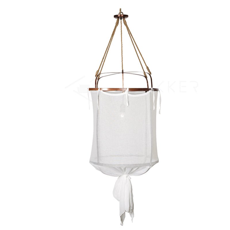 Sheer Belgian Linen Barrel Pendant Light with Antiqued Iron and Rustic Hemp Rope Suspension
