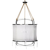Sheer Belgian Linen Barrel Pendant Light with Antiqued Iron and Rustic Hemp Rope Suspension