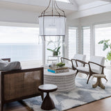 Sheer Belgian Linen Barrel Pendant Light with Antiqued Iron and Rustic Hemp Rope Suspension