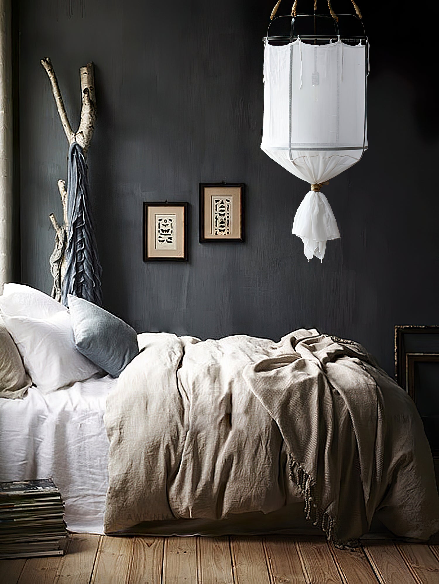 Sheer Belgian Linen Barrel Pendant Light with Antiqued Iron and Rustic Hemp Rope Suspension