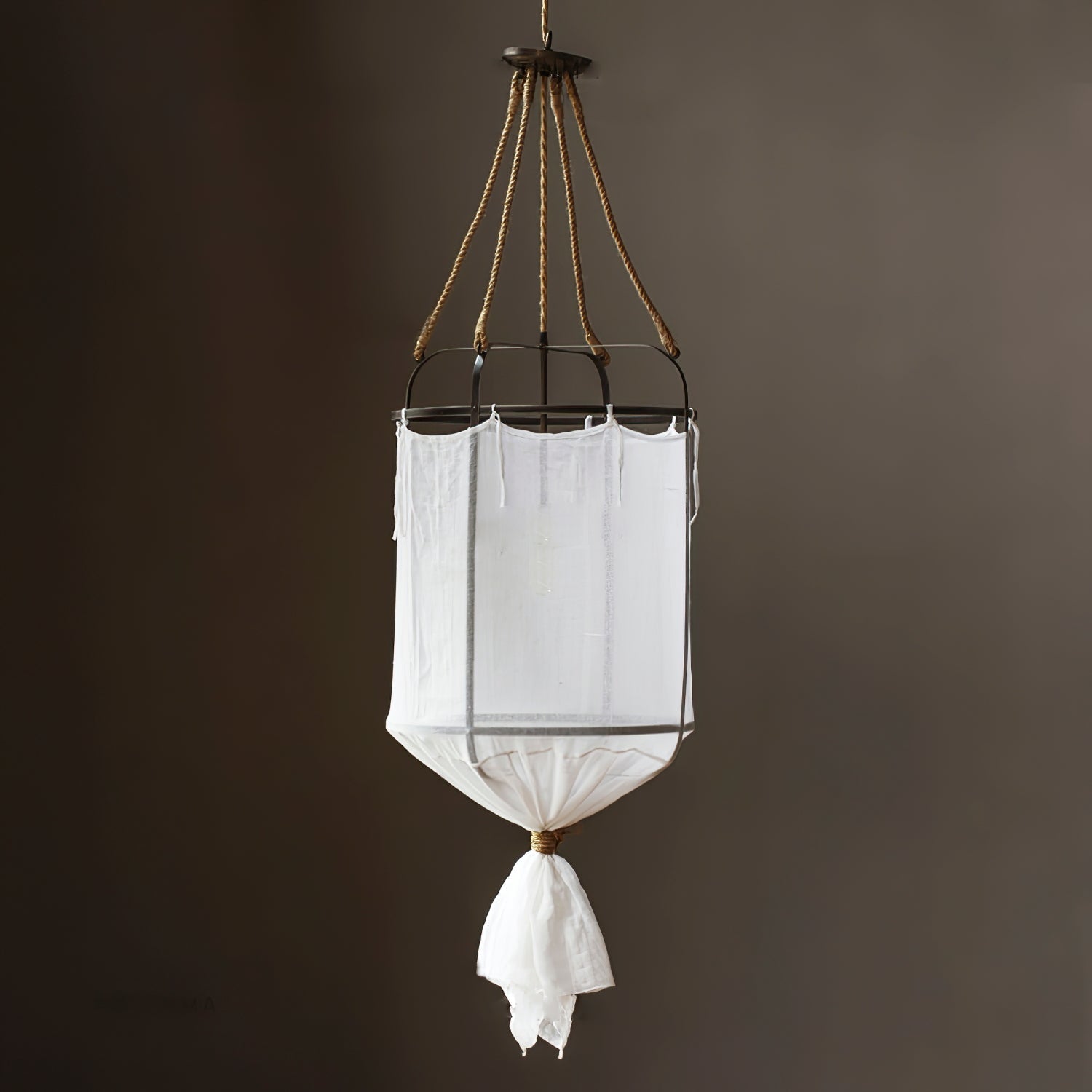 Sheer Belgian Linen Barrel Pendant Light with Antiqued Iron and Rustic Hemp Rope Suspension