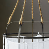 Sheer Belgian Linen Barrel Pendant Light with Antiqued Iron and Rustic Hemp Rope Suspension