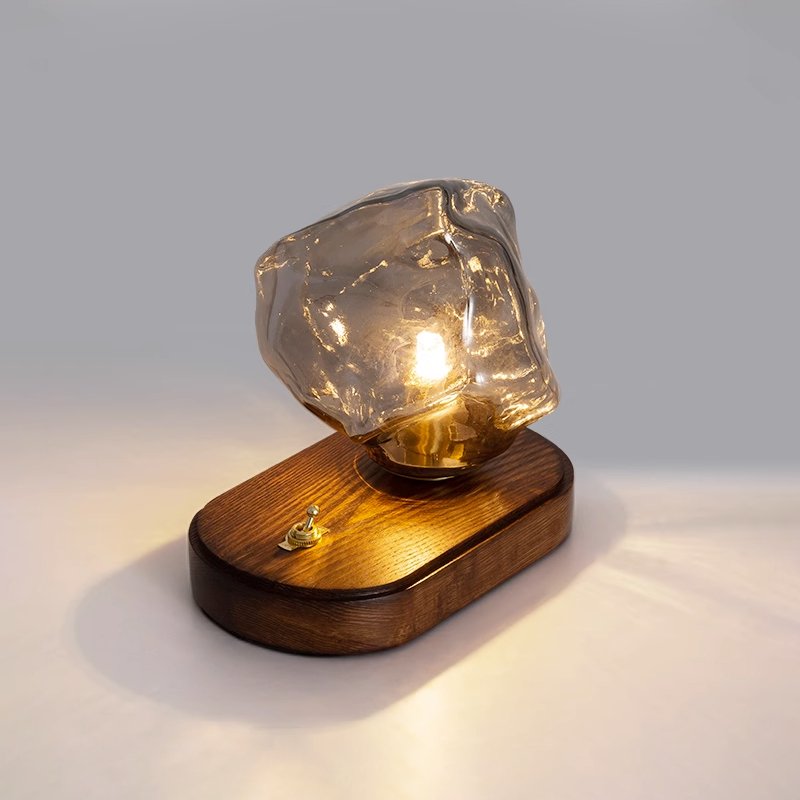 Handcrafted Ice Stone Glass Bedside Table Lamp Smokey Amber Finish Reading Light with Wooden Base