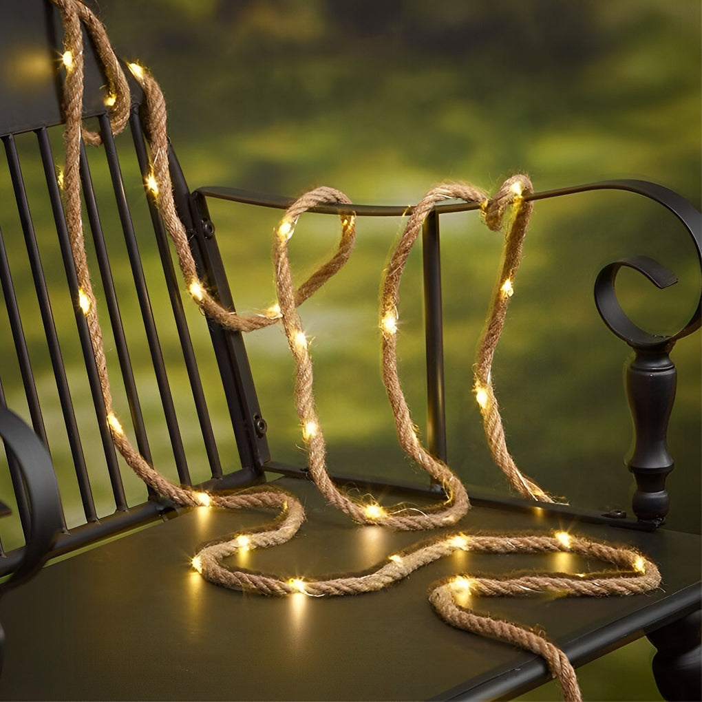 Solar and Battery Powered Hemp Rope LED String Lights for Rustic Outdoor Garden and Party Decor