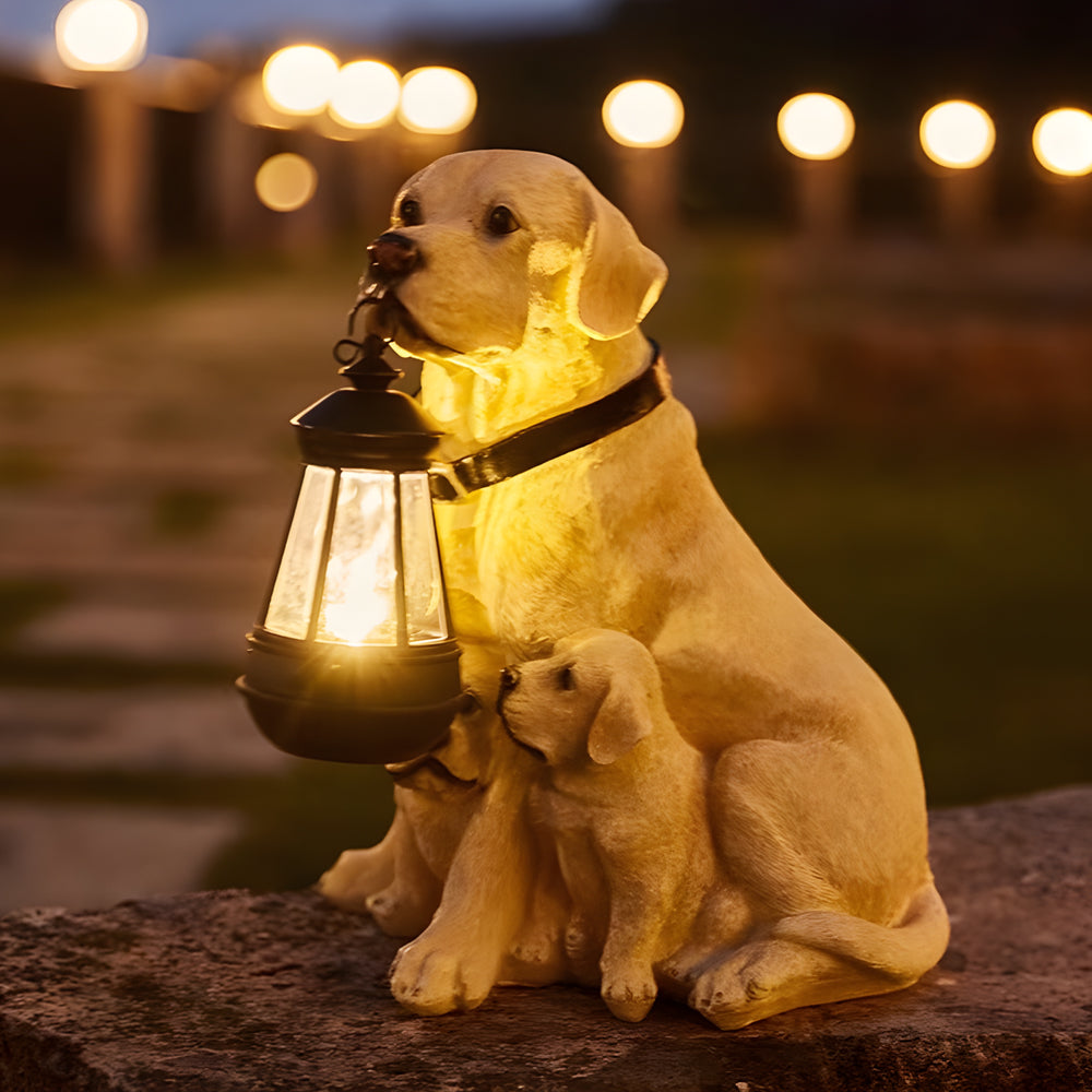Solar Powered Animal Garden Statues Resin Dog Outdoor Decor with Detachable LED Lantern