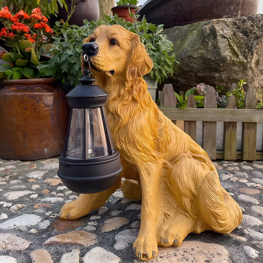 Solar Powered Animal Garden Statues Resin Dog Outdoor Decor with Detachable LED Lantern