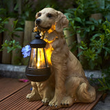 Solar Powered Animal Garden Statues Resin Dog Outdoor Decor with Detachable LED Lantern