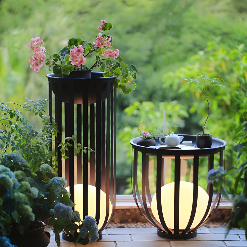 Solar Powered Industrial Outdoor Floor Lantern LED Lamp with Integrated Utility Tray