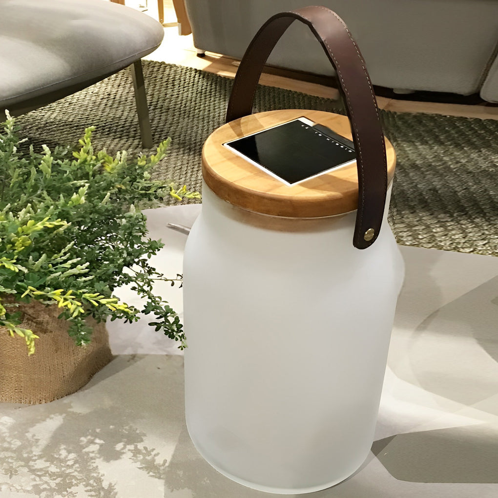 Solar Powered LED Portable Outdoor Lawn Light with Waterproof Glass Jar and Teak Wood Base