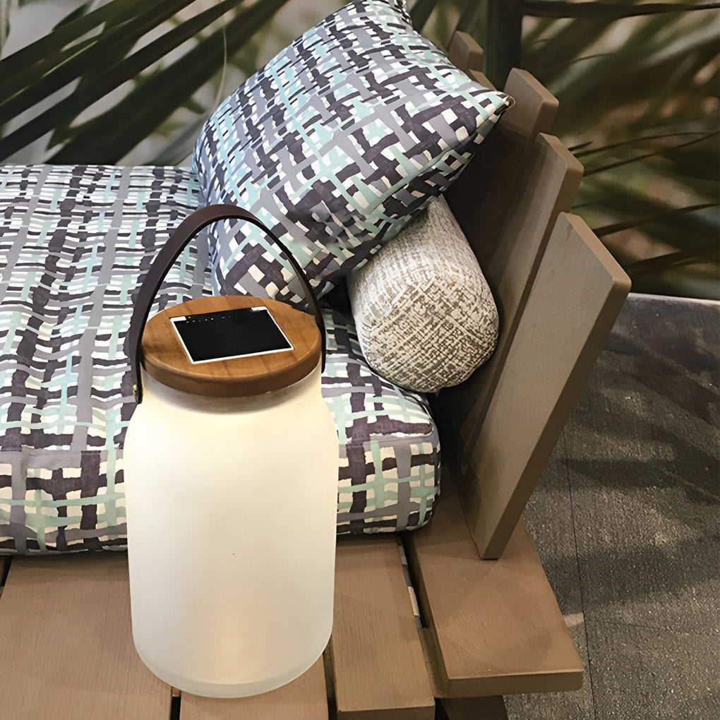 Solar Powered LED Portable Outdoor Lawn Light with Waterproof Glass Jar and Teak Wood Base