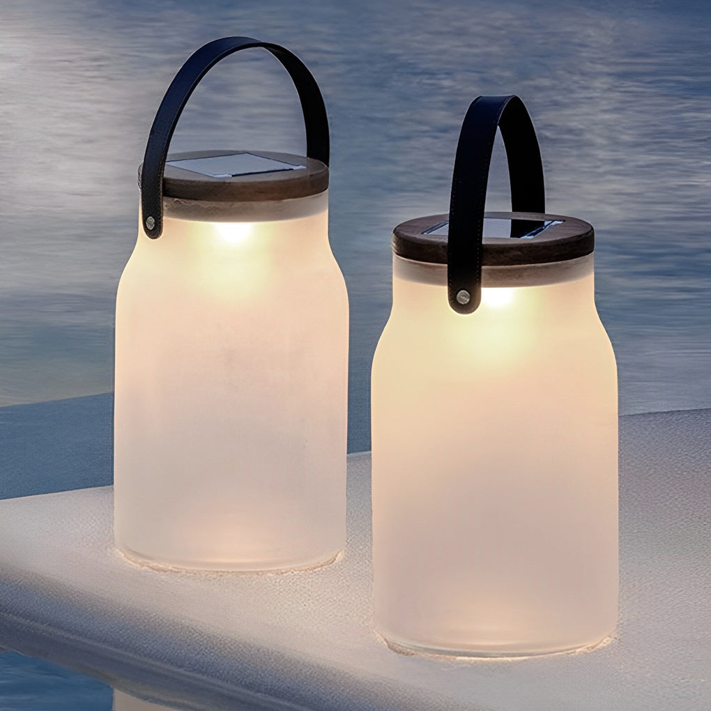 Solar Powered LED Portable Outdoor Lawn Light with Waterproof Glass Jar and Teak Wood Base