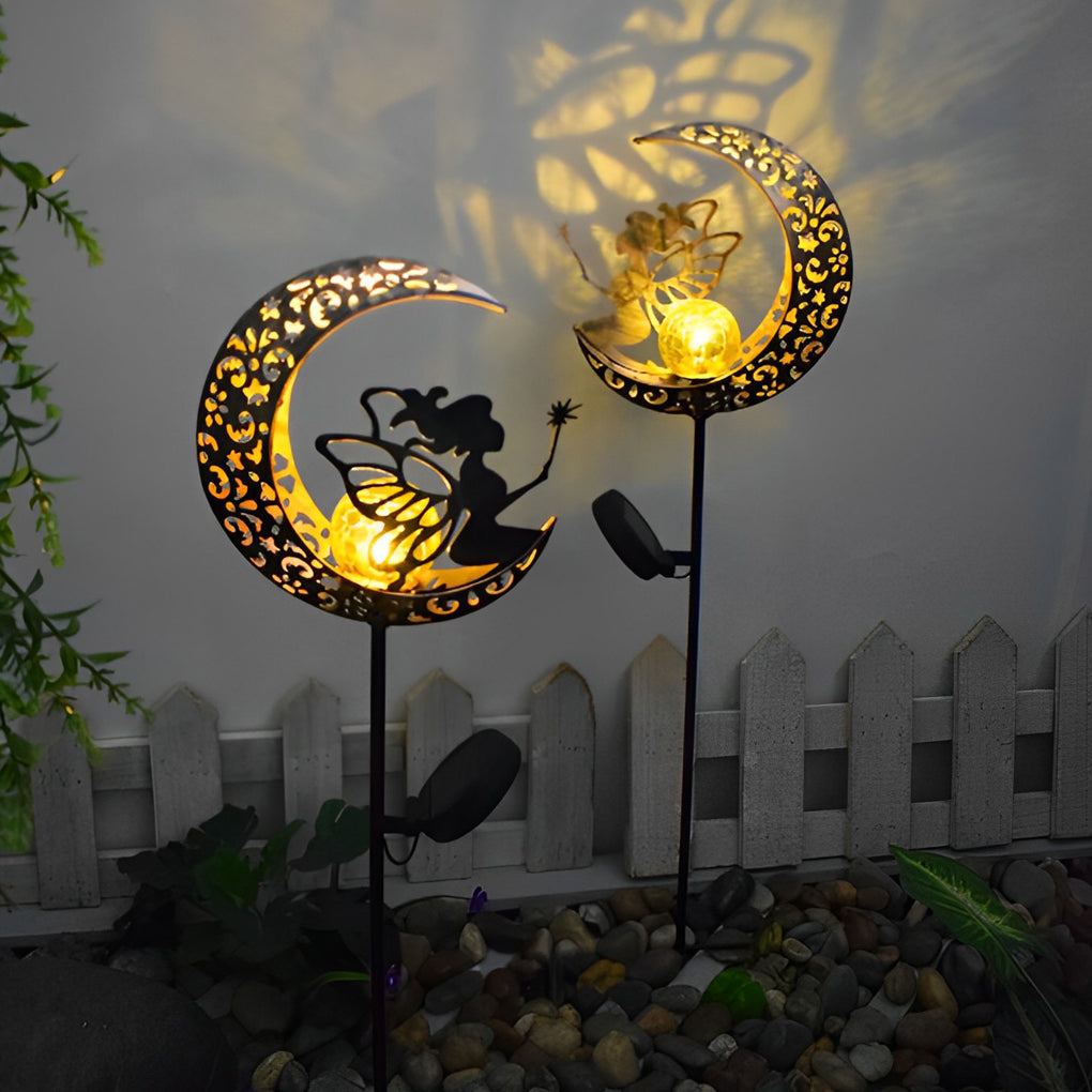 Solar Powered Moon and Flame Garden Stakes with Cracked Glass LED Projection Lighting