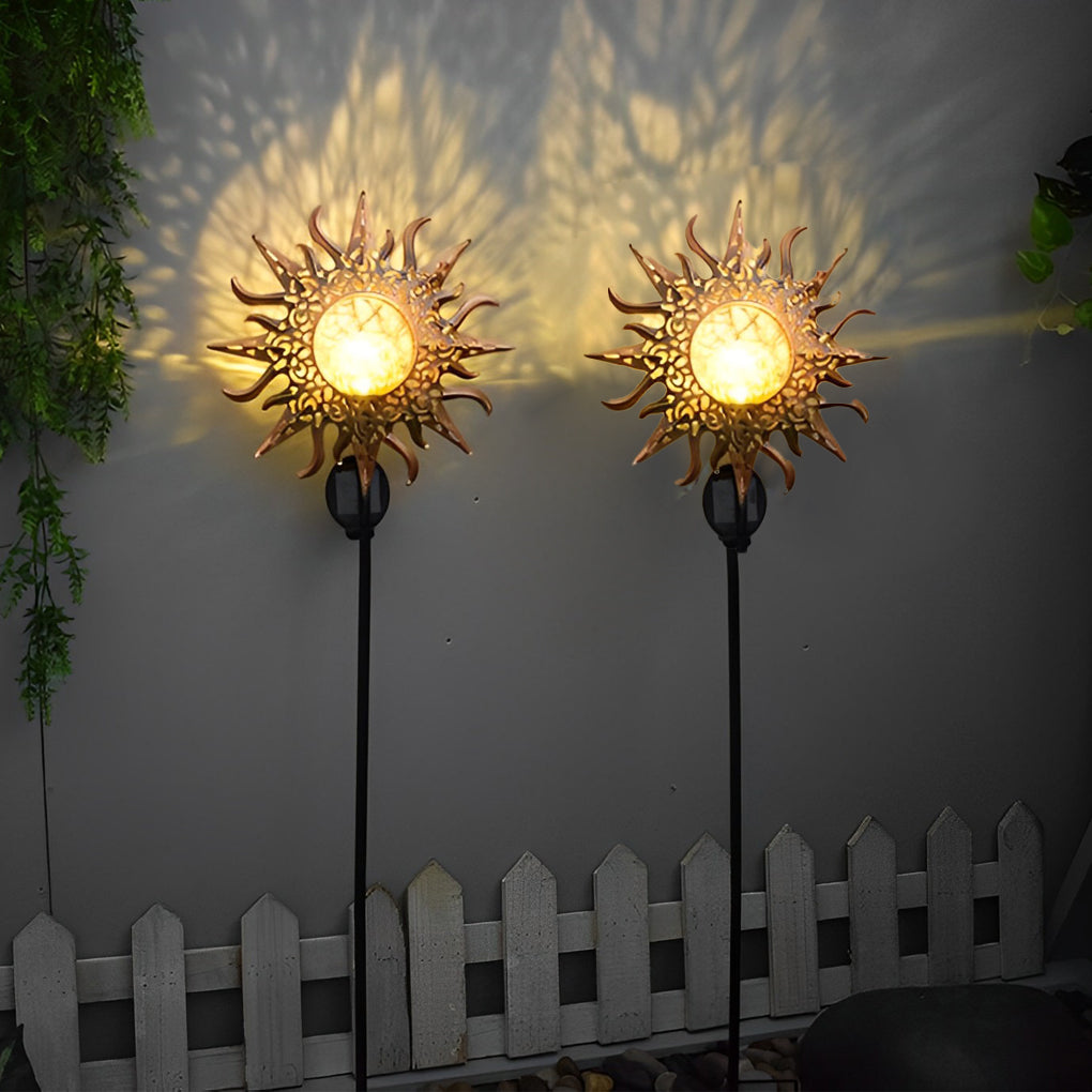Solar Powered Moon and Flame Garden Stakes with Cracked Glass LED Projection Lighting