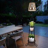 Solar Powered Outdoor Floor Lamp with Storage Shelves and Waterproof Stained Glass Shade
