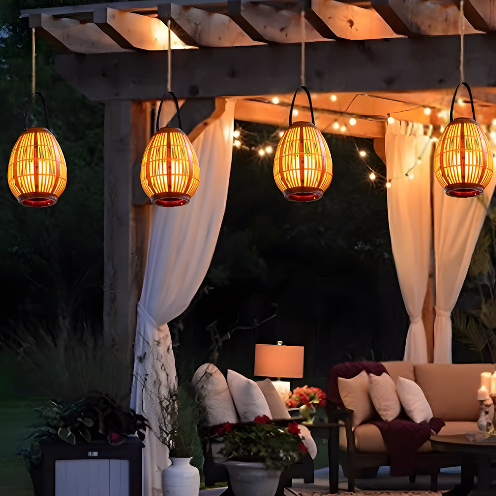 Solar Powered Outdoor Lantern Waterproof Bamboo Style LED Candle Light for Garden Patio Yard