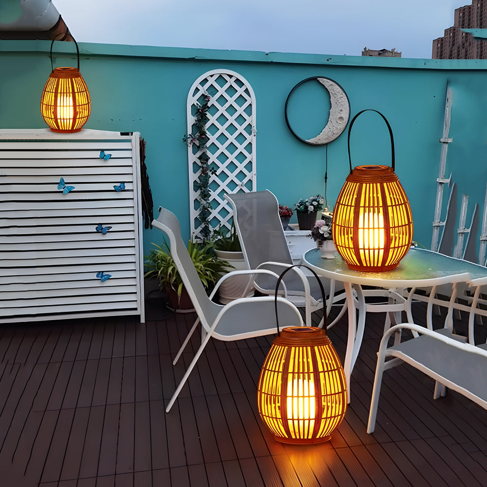 Solar Powered Outdoor Lantern Waterproof Bamboo Style LED Candle Light for Garden Patio Yard