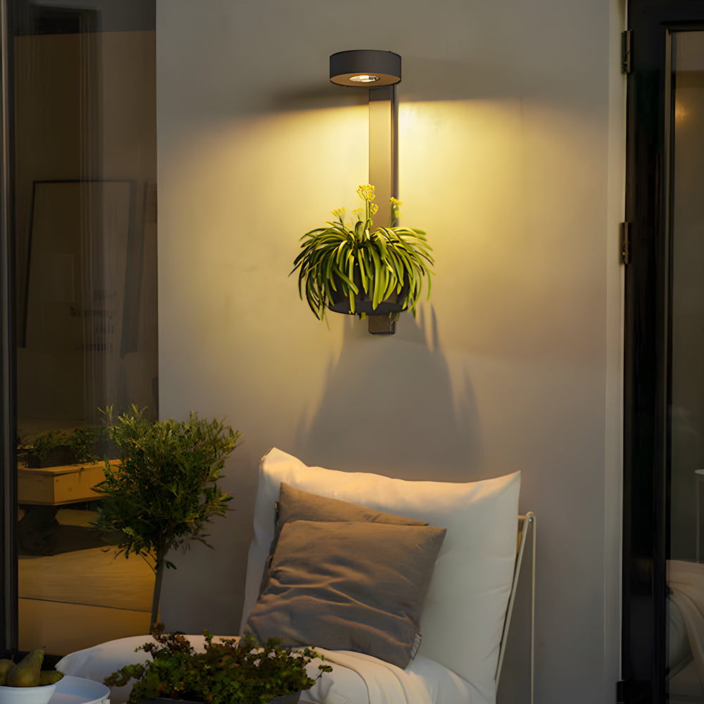 Solar Powered Outdoor Wall Sconce with Integrated Planter Black Stainless Steel LED Exterior Light
