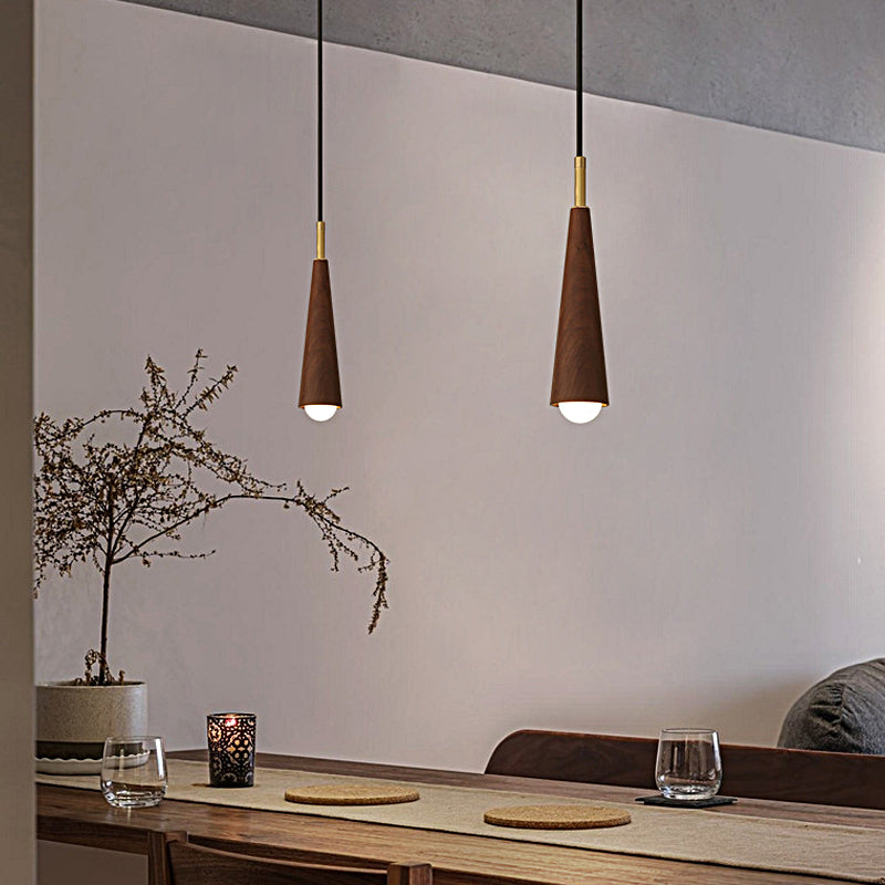 Solid Wood and Copper Cone LED Pendant Light Three Step Dimming Modern Hanging Lamp