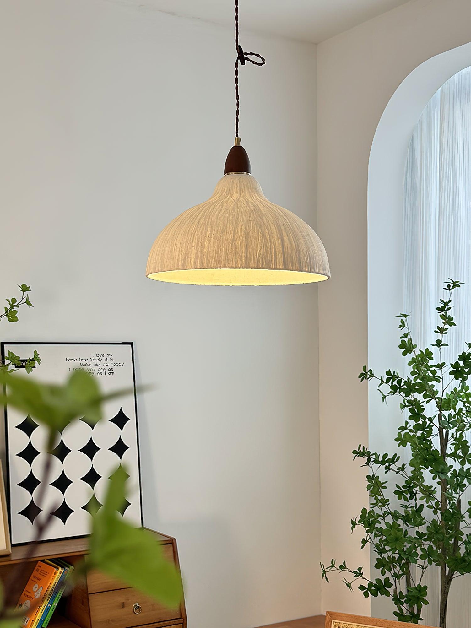 Soren Japanese Style Handmade Rice Paper Pendant Light with Minimalist Wood Accents