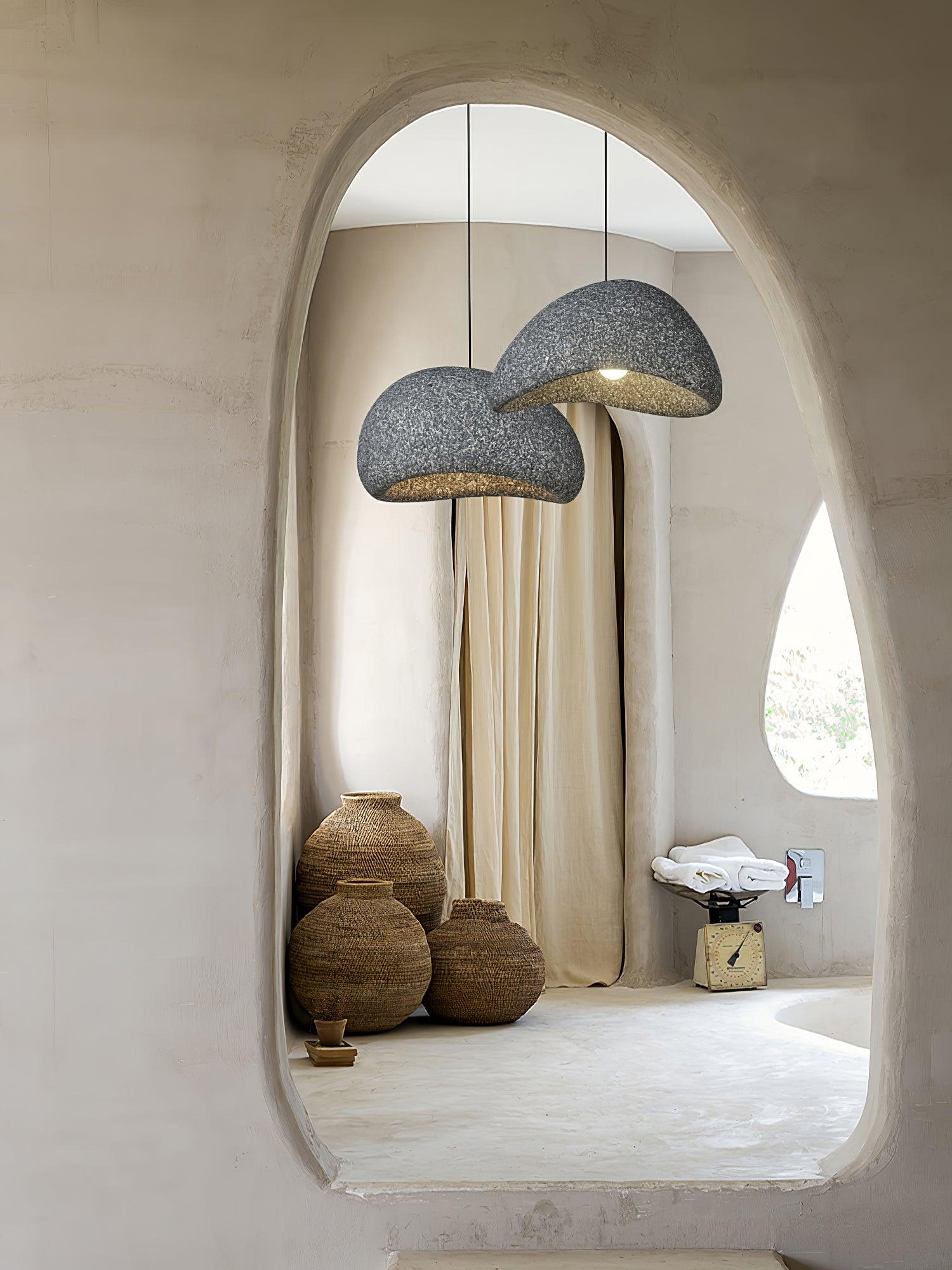 Speckled Moon Pendant Light Japanese Style Organic Resin Hanging Lamp for Modern Interiors