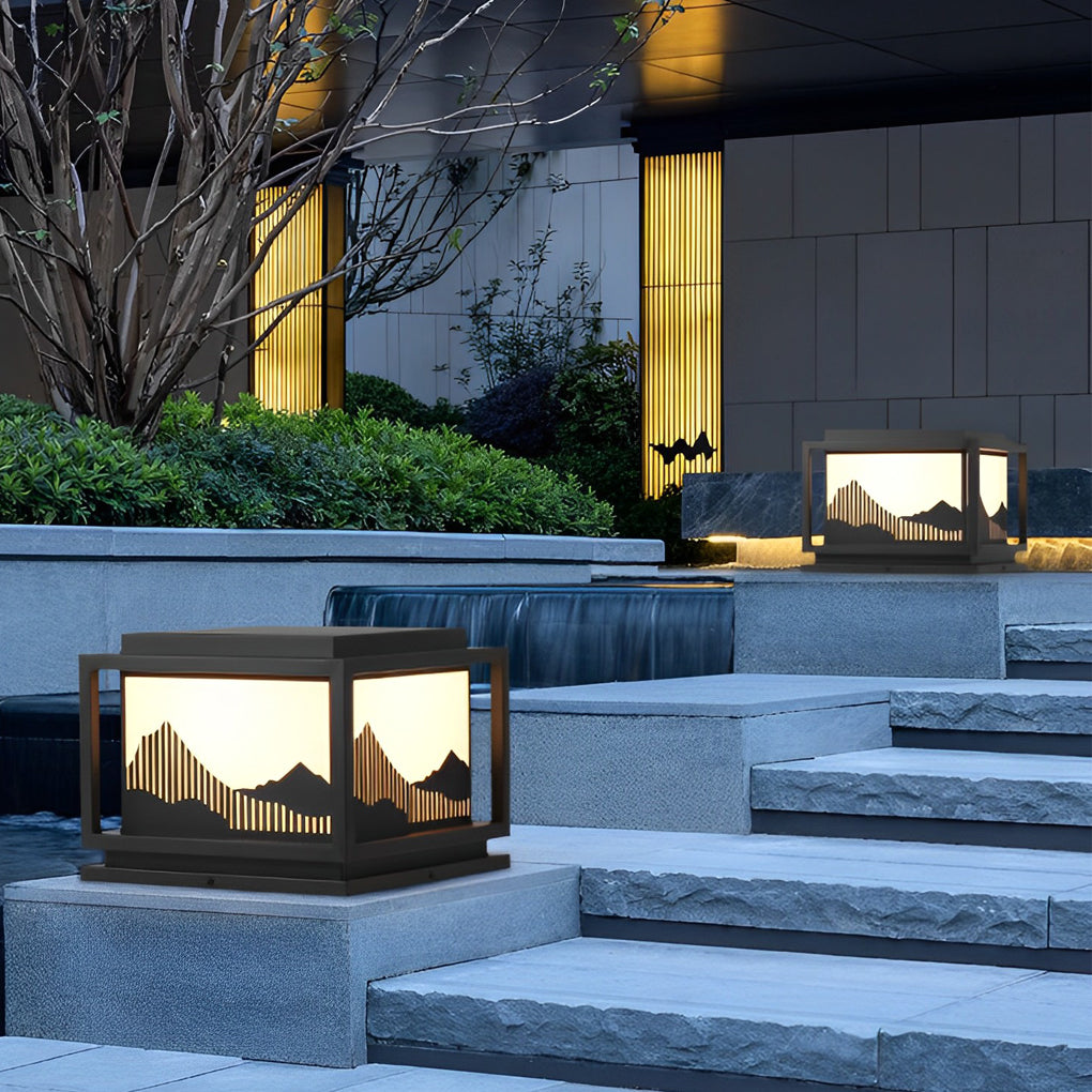 Square Waterproof Mountain Scenery Outdoor Post Cap Light for Garden Fence and Deck