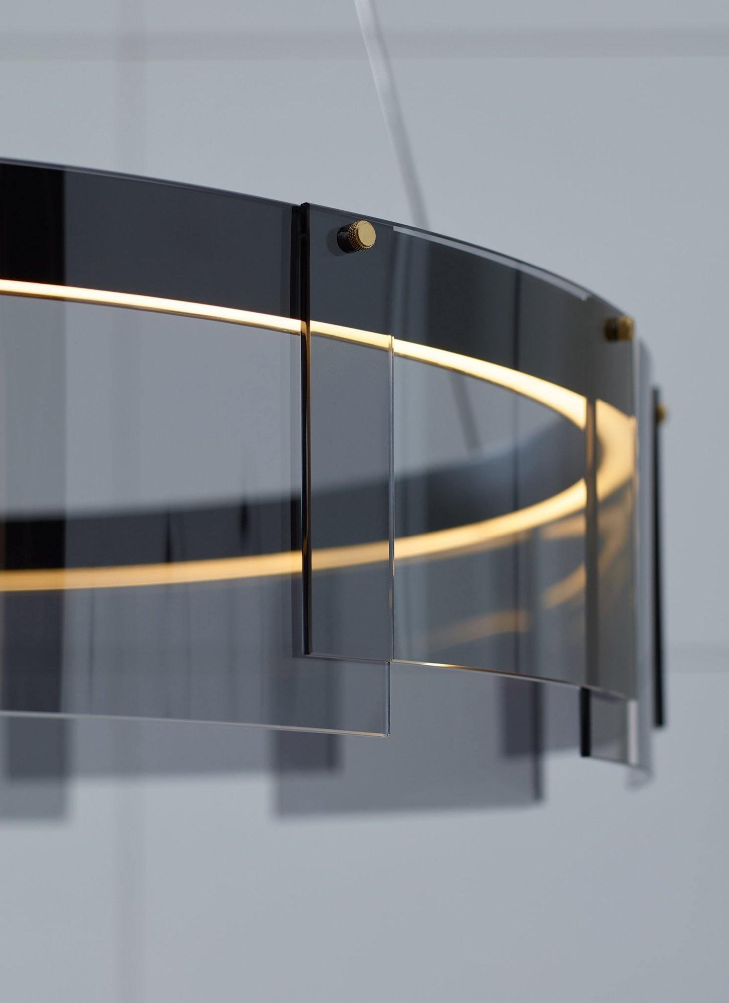 Stratos Modern LED Glass Ceiling Chandelier with Curved Panes for Luxury Dining Spaces