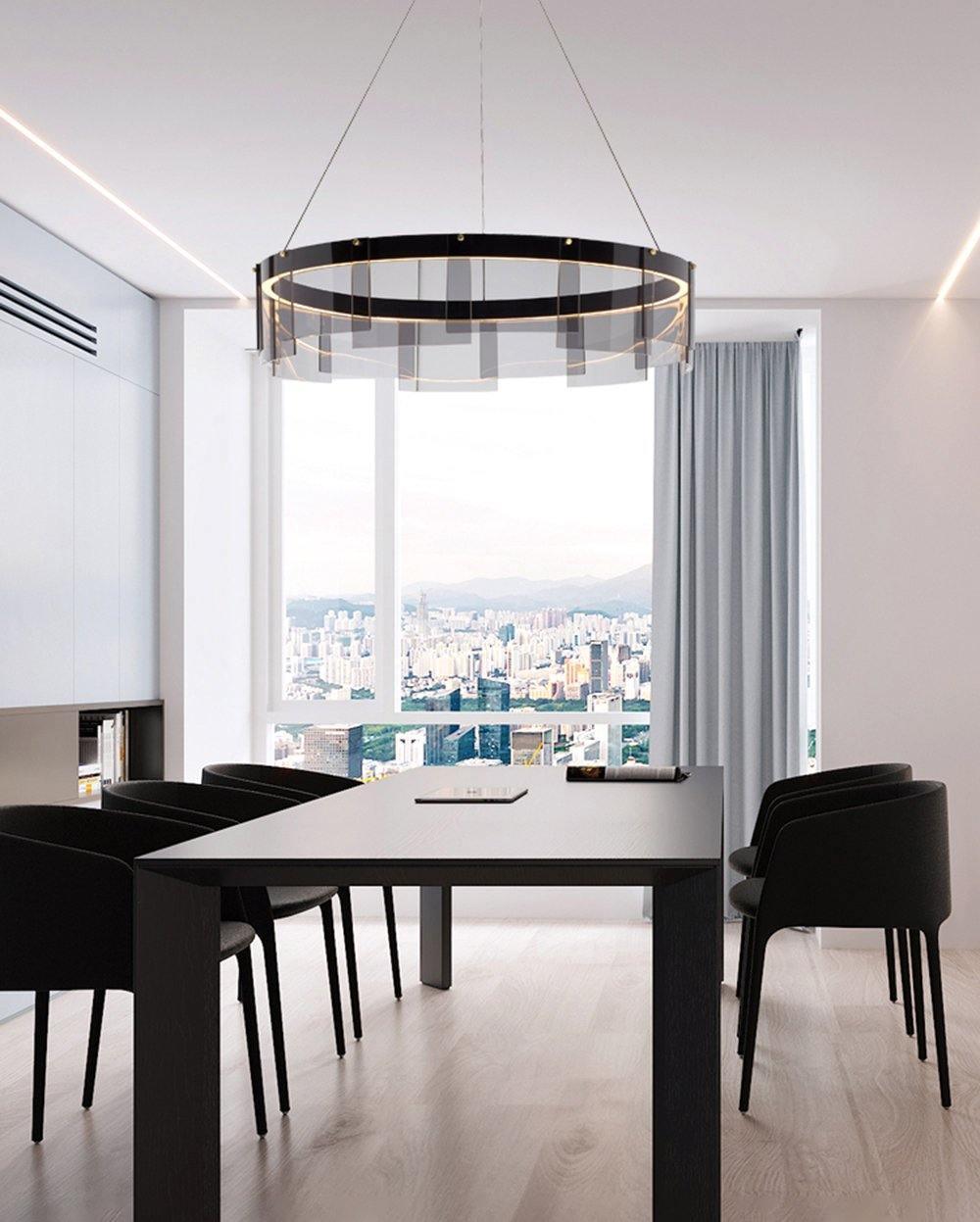 Stratos Modern LED Glass Ceiling Chandelier with Curved Panes for Luxury Dining Spaces